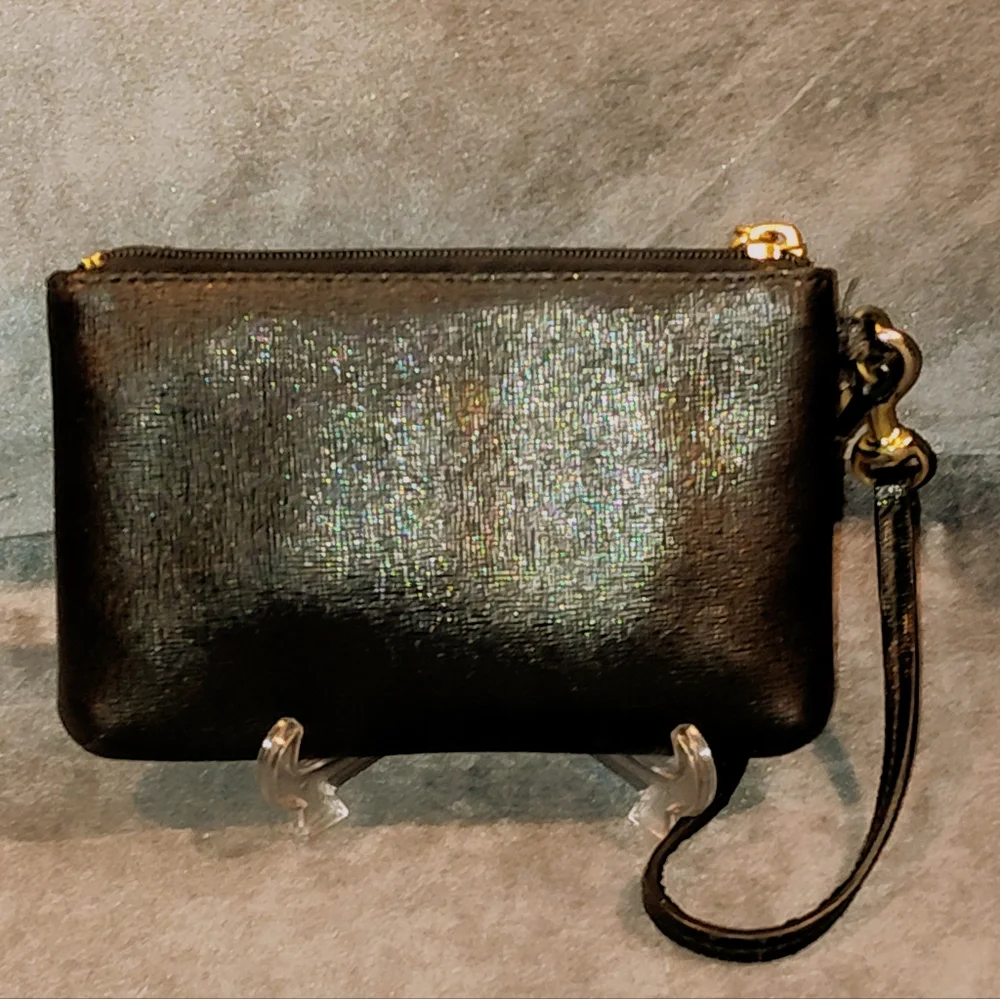 COACH BLACK SAFFIANO LEATHER TOP ZIP WRISTLET / CLUTCH WITH 3 CARD SLOTS